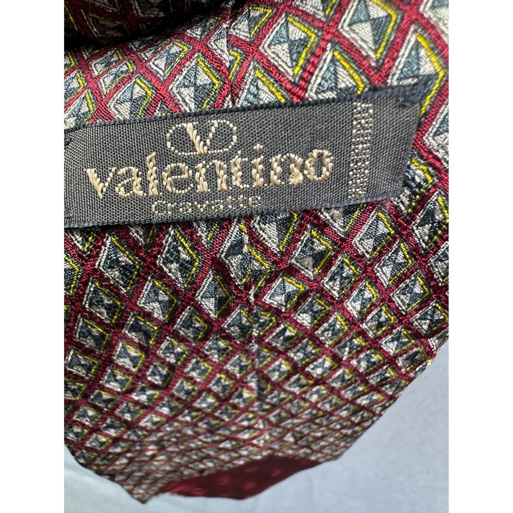 Valentino Cravatte Men Silk Necktie Burgundy Red Grey Gold Geometric Diamond Tie